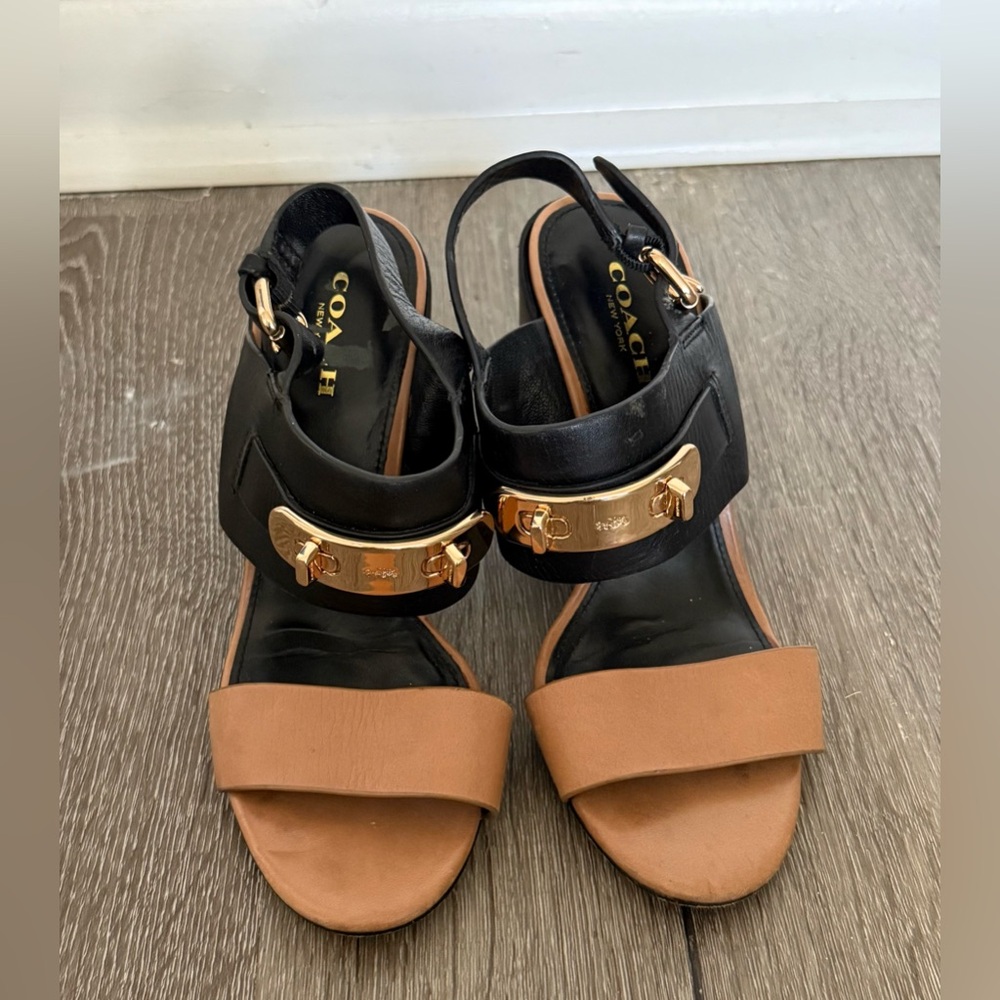 Coach Two-Tone Black and Brown Leather Sandals with Gold Hardware